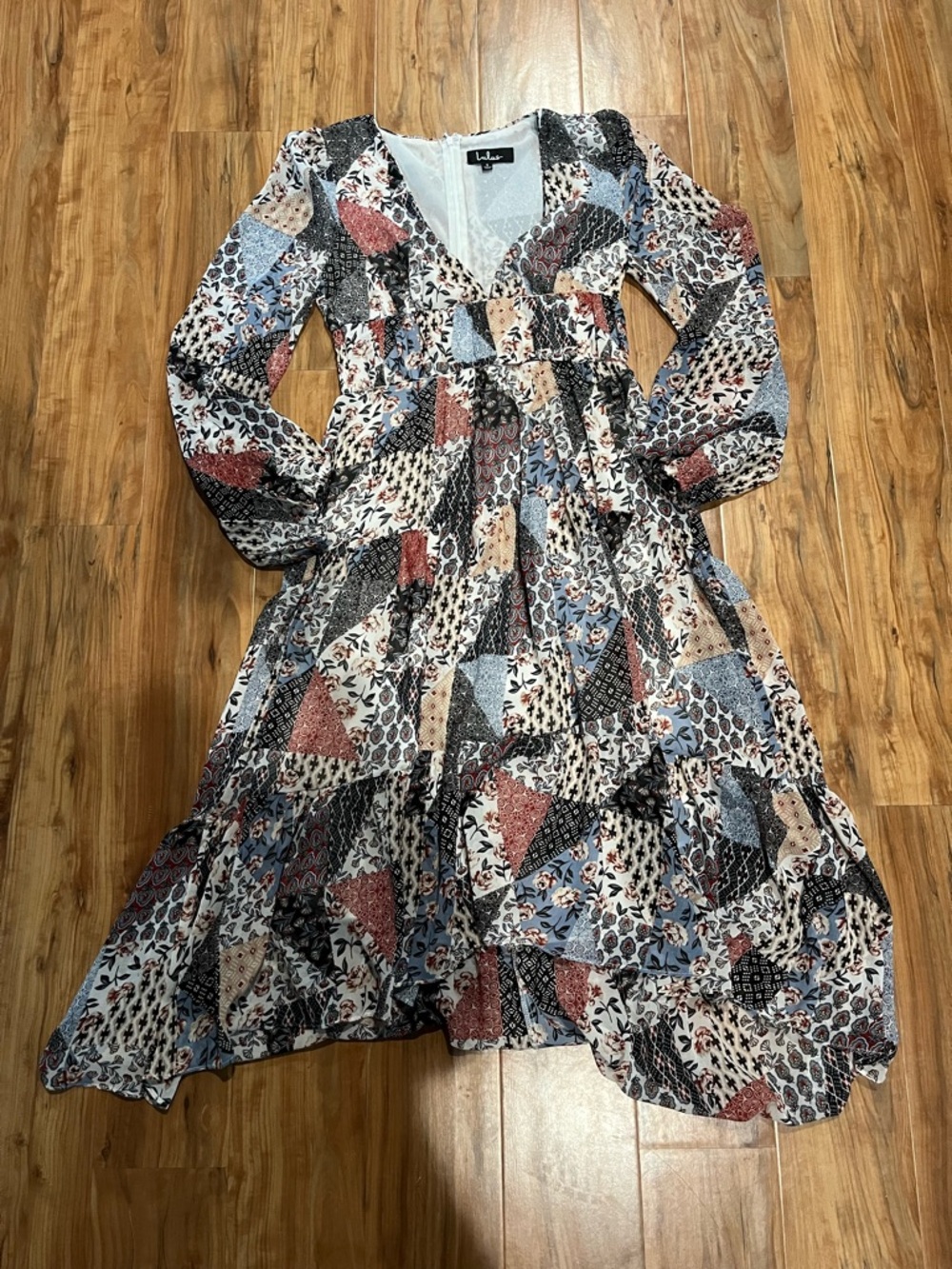 Lulus Small Patchwork Floral Long Sleeve Midi Dress - Blue, Rust, Black